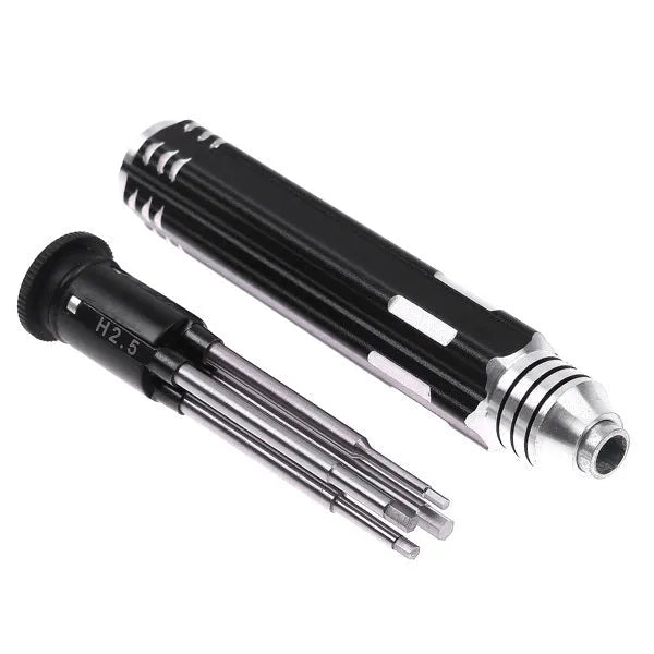Black aluminium handle hex screwdriver with four white steel bits: 1.5mm, 2.0mm, 2.5mm, 3.0mm