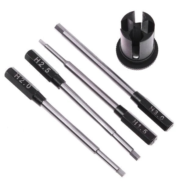 Black aluminium handle hex screwdriver with four white steel bits: 1.5mm, 2.0mm, 2.5mm, 3.0mm