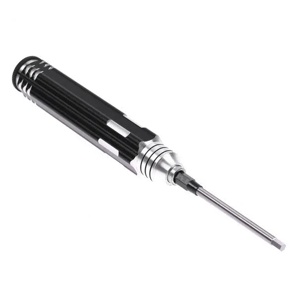 Black aluminium handle hex screwdriver with four white steel bits: 1.5mm, 2.0mm, 2.5mm, 3.0mm