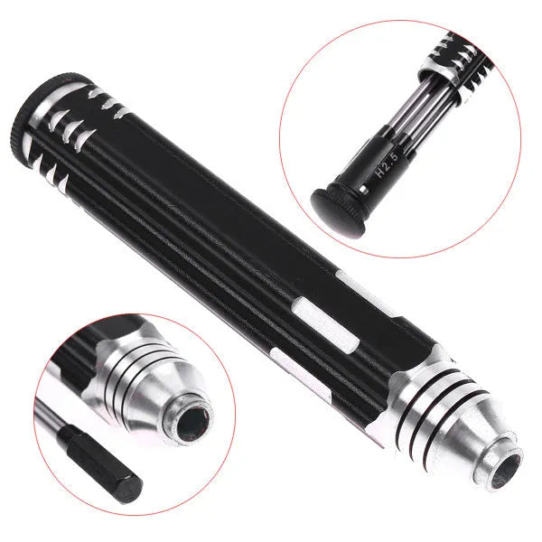 Black aluminium handle hex screwdriver with four white steel bits: 1.5mm, 2.0mm, 2.5mm, 3.0mm