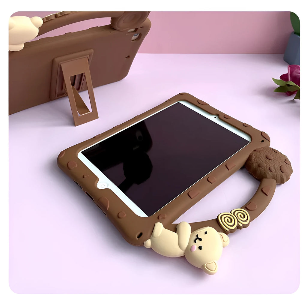Brown cartoon silicone iPad sleeve with bracket portable case design for multiple tablet models