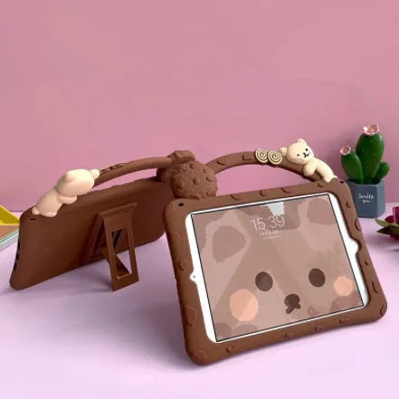 Brown cartoon silicone iPad sleeve with bracket portable case design for multiple tablet models
