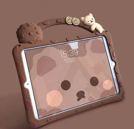 Brown cartoon silicone iPad sleeve with bracket portable case design for multiple tablet models
