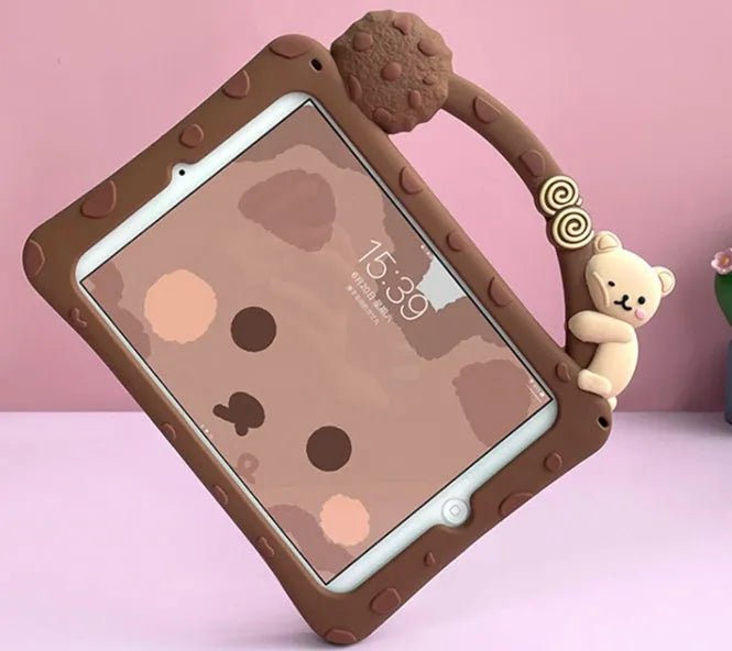 Brown cartoon silicone iPad sleeve with bracket portable case design for multiple tablet models