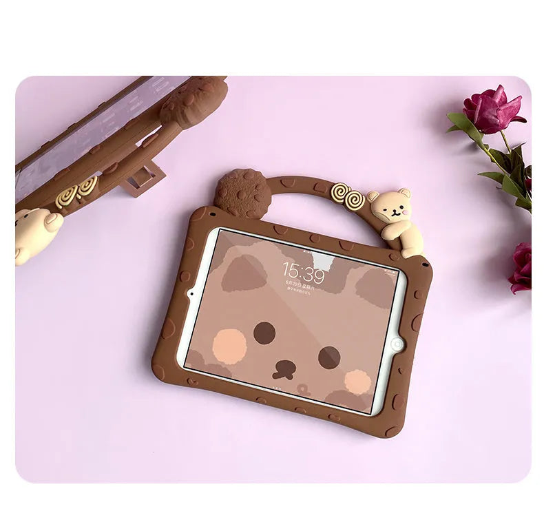 Brown cartoon silicone iPad sleeve with bracket portable case design for multiple tablet models