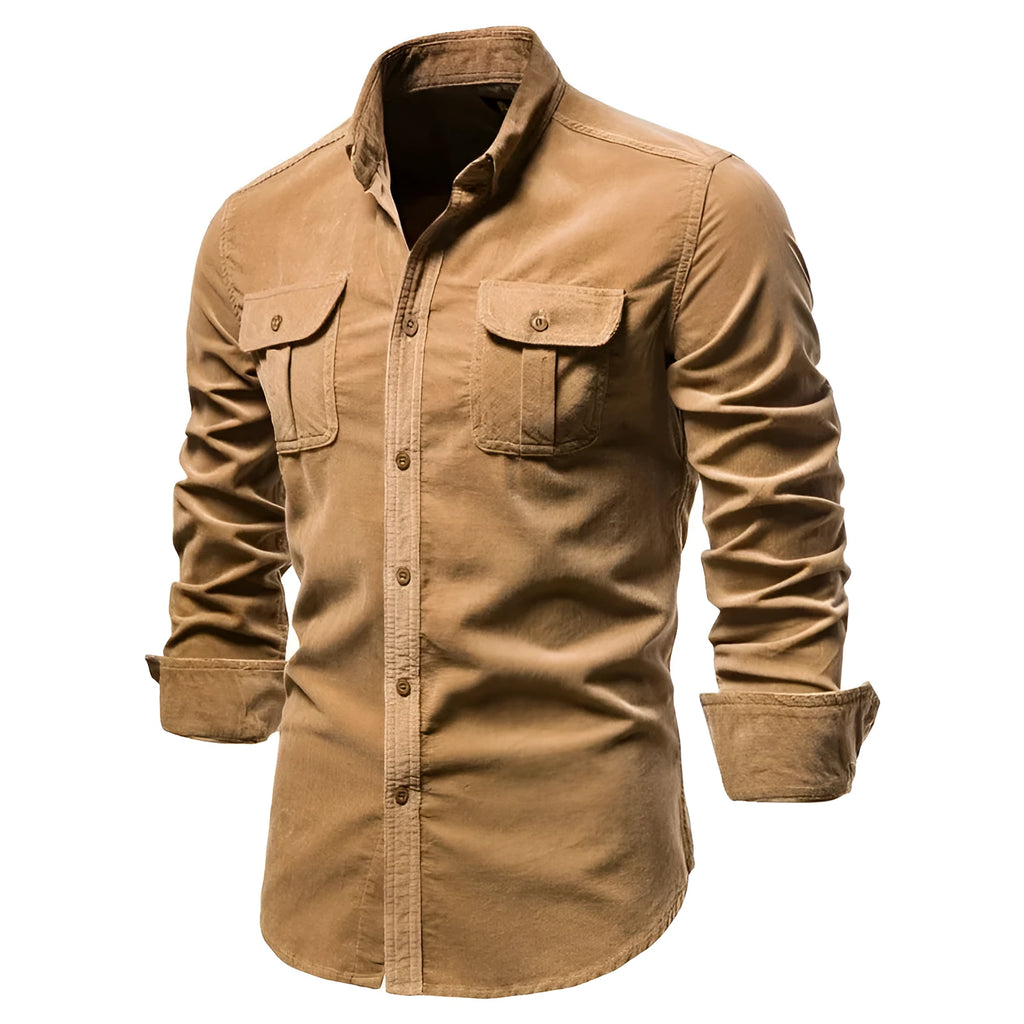 Men's denim blue long sleeve linen shirt laid flat, showing button front and long sleeves.