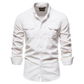 Men's denim blue long sleeve linen shirt laid flat, showing button front and long sleeves.