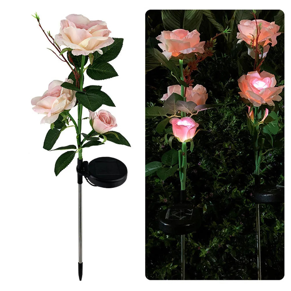 Three-headed solar rose garden lamp with white LED lights, standing 80cm tall with pink silk cloth petals on stainless steel stem