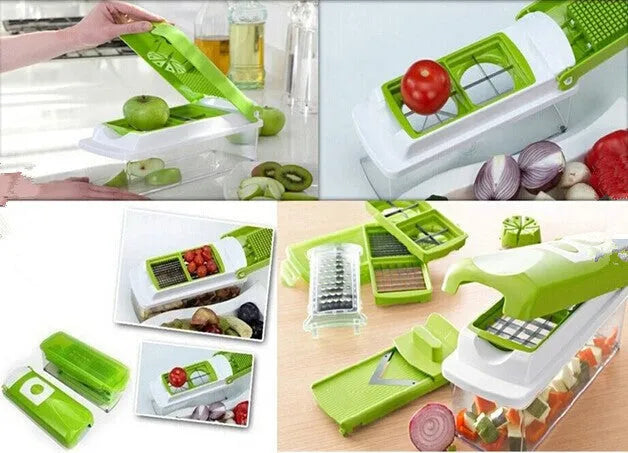 Green manual food chopper with multiple stainless steel accessories on a kitchen counter.