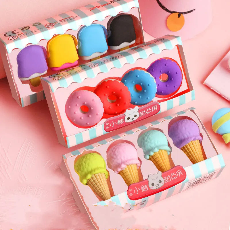 Cartoon eraser gift set with ice cream, doughnut, and lollipop designs for kindergarten children