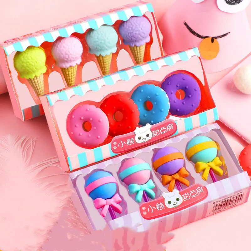 Cartoon eraser gift set with ice cream, doughnut, and lollipop designs for kindergarten children