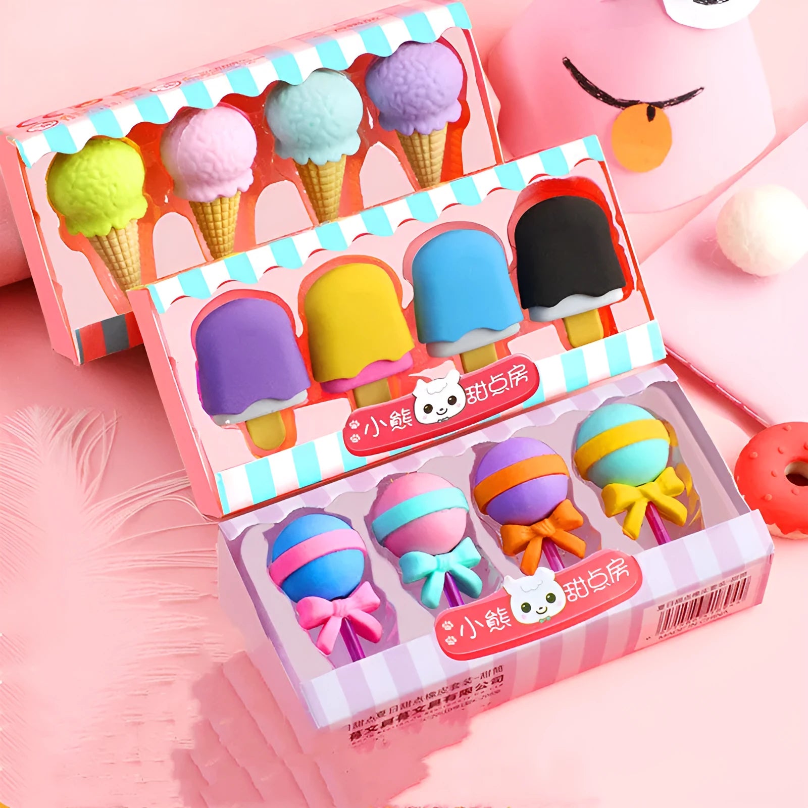 Cartoon eraser gift set with ice cream, doughnut, and lollipop designs for kindergarten children