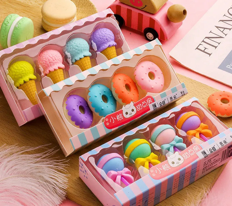 Cartoon eraser gift set with ice cream, doughnut, and lollipop designs for kindergarten children