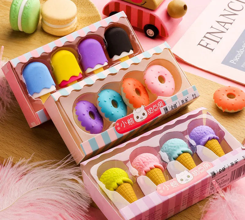 Cartoon eraser gift set with ice cream, doughnut, and lollipop designs for kindergarten children