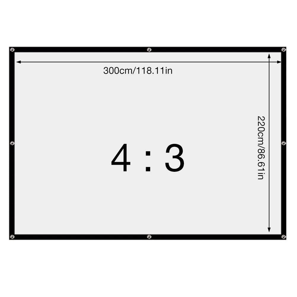 White polyester soft foldable projection screen with a 150 inch 4:3 display area.
