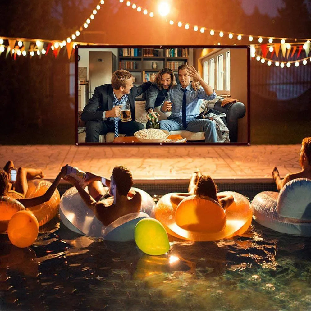 White polyester soft foldable projection screen with a 150 inch 4:3 display area.