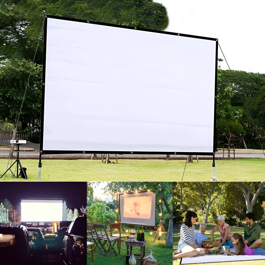 White polyester soft foldable projection screen with a 150 inch 4:3 display area.