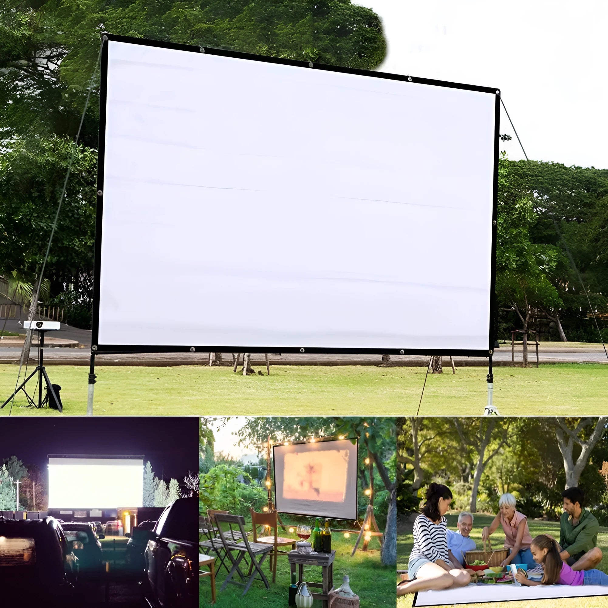 White polyester soft foldable projection screen with a 150 inch 4:3 display area.