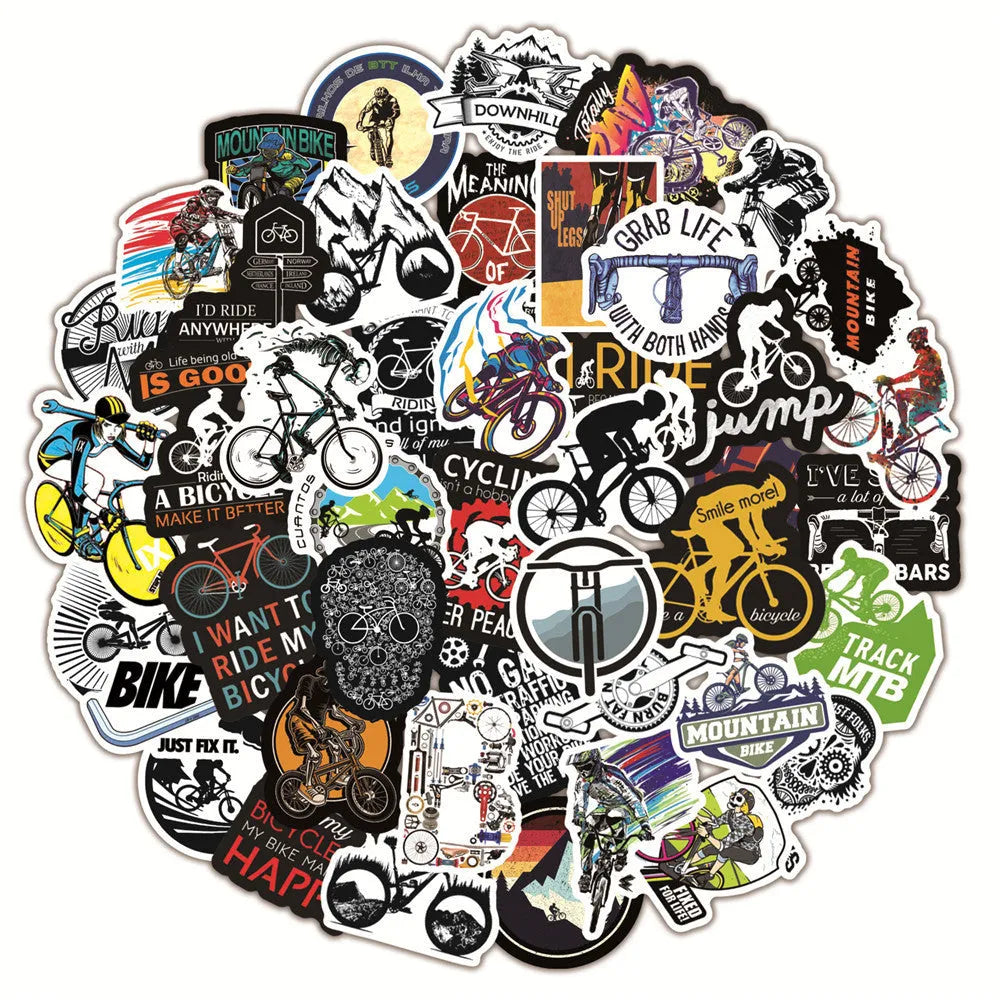 Sheet of 50 self-adhesive mountain bike doodle stickers for MTB and skateboard decoration