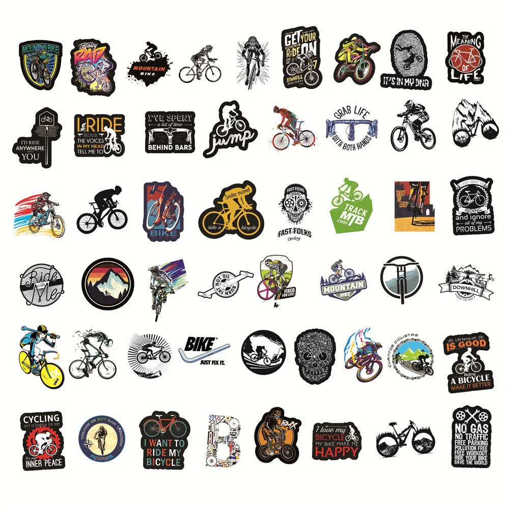 Sheet of 50 self-adhesive mountain bike doodle stickers for MTB and skateboard decoration