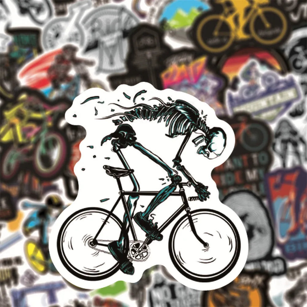 Sheet of 50 self-adhesive mountain bike doodle stickers for MTB and skateboard decoration