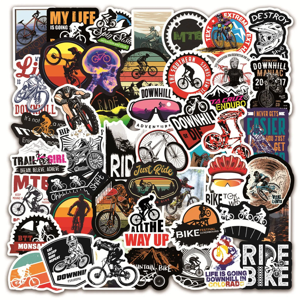 Sheet of 50 self-adhesive mountain bike doodle stickers for MTB and skateboard decoration