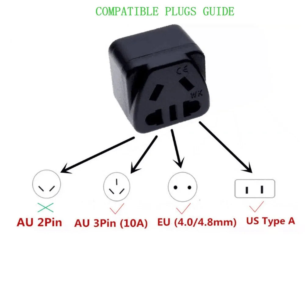 Square three plug international power conversion adapter in white or black with 2P+E grounding
