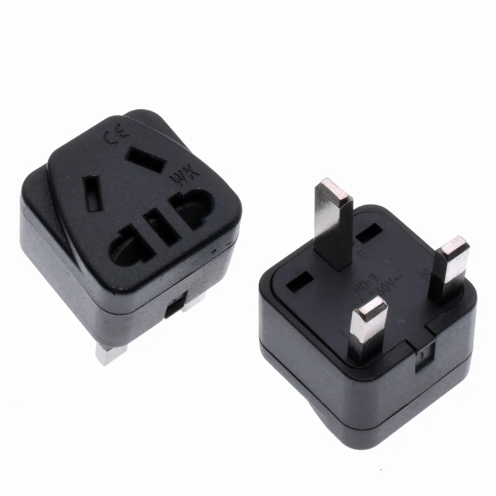 Square three plug international power conversion adapter in white or black with 2P+E grounding