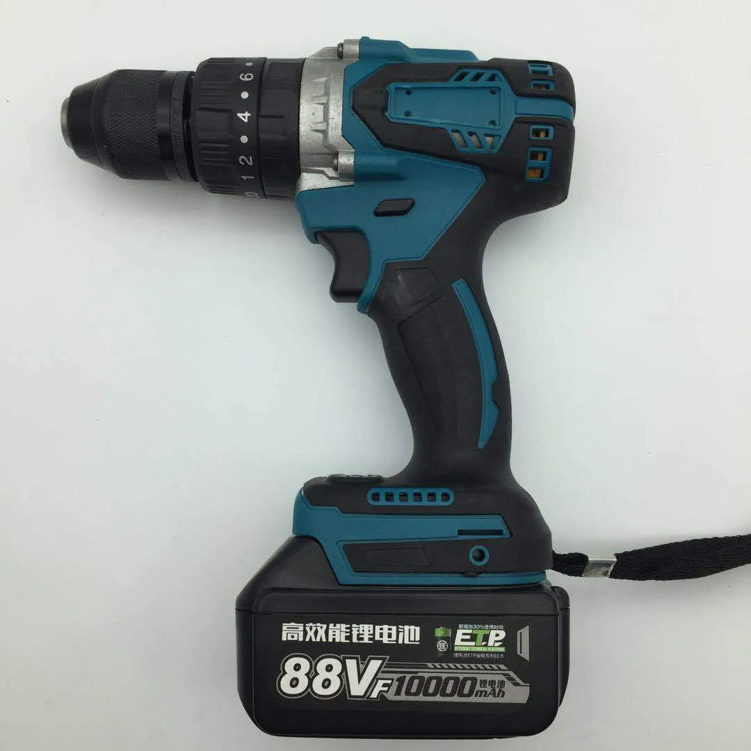 21V cordless multi-function impact drill and screwdriver with lithium battery on a workbench