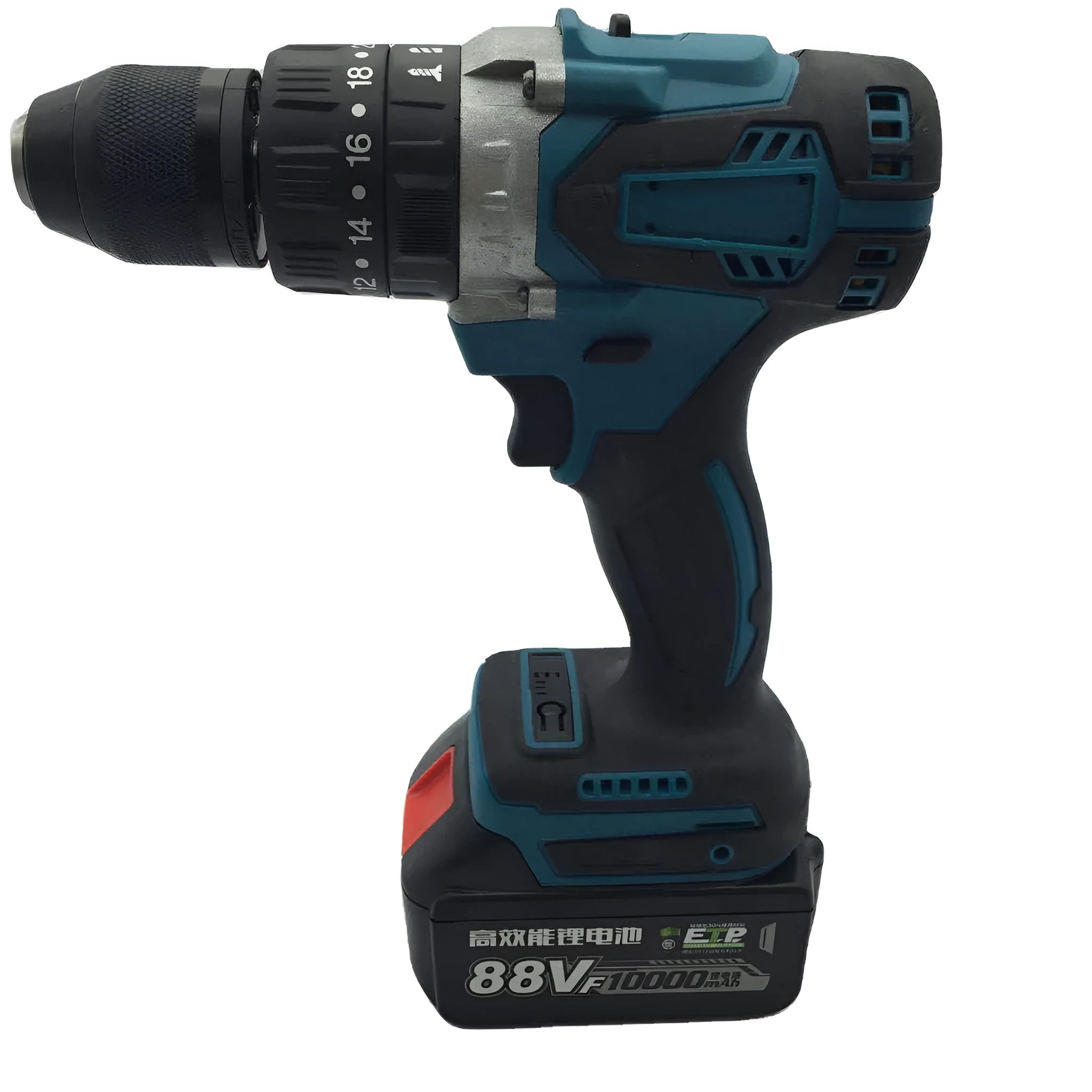 21V cordless multi-function impact drill and screwdriver with lithium battery on a workbench