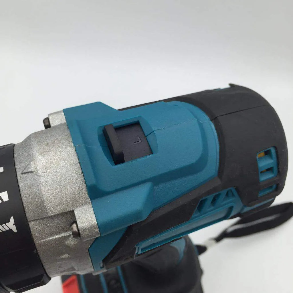 21V cordless multi-function impact drill and screwdriver with lithium battery on a workbench