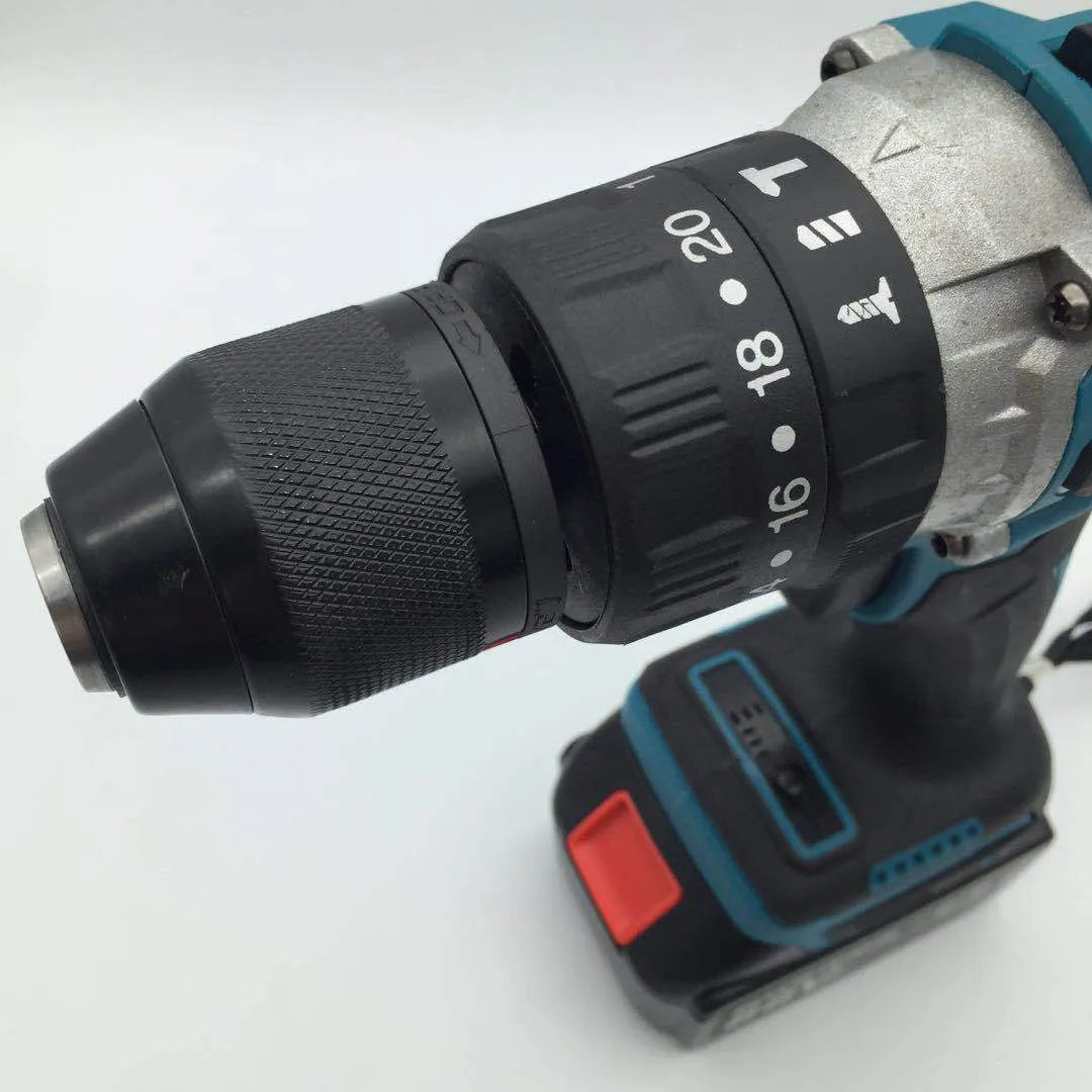 21V cordless multi-function impact drill and screwdriver with lithium battery on a workbench