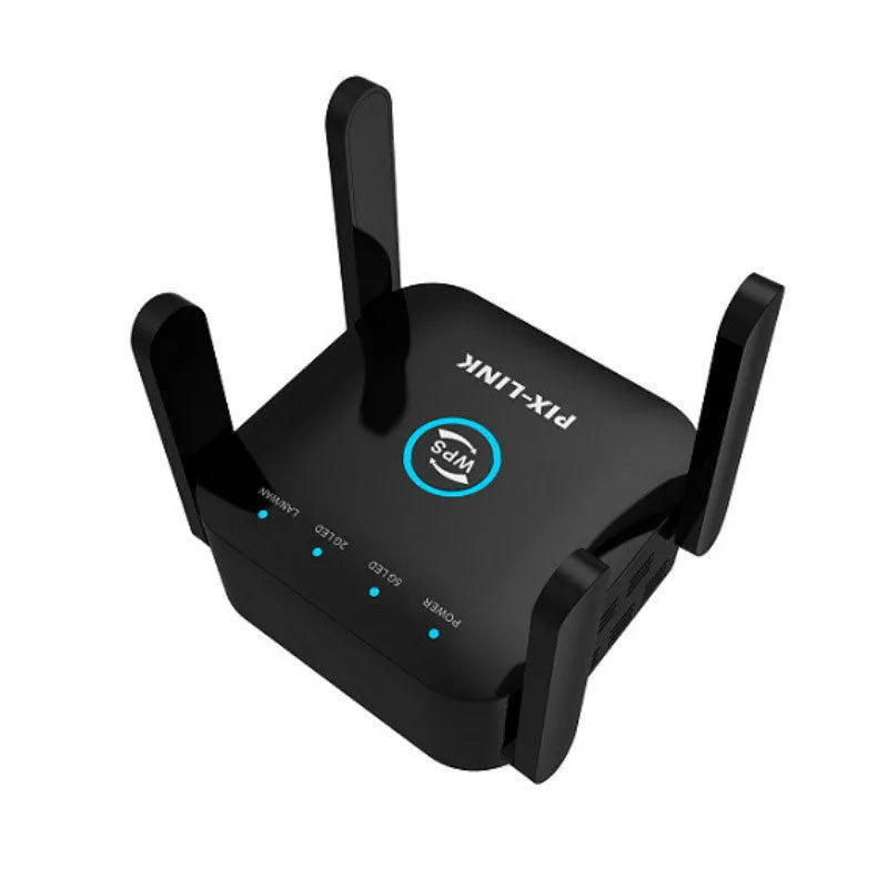 Pixlink AC24 dual-band wireless WiFi extender in black or white colour with configurable international power plug.