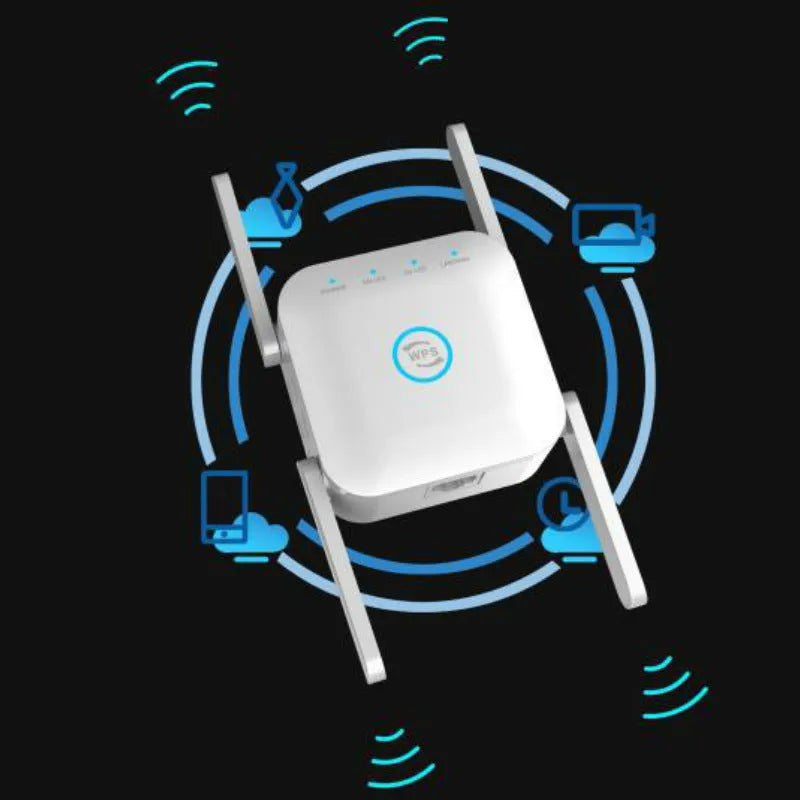Pixlink AC24 dual-band wireless WiFi extender in black or white colour with configurable international power plug.