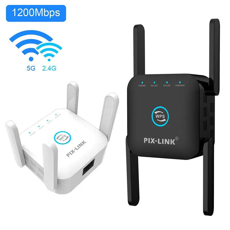 Pixlink AC24 dual-band wireless WiFi extender in black or white colour with configurable international power plug.
