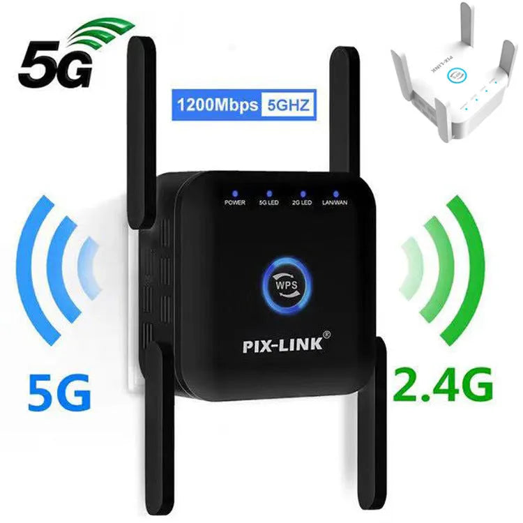 Pixlink AC24 dual-band wireless WiFi extender in black or white colour with configurable international power plug.