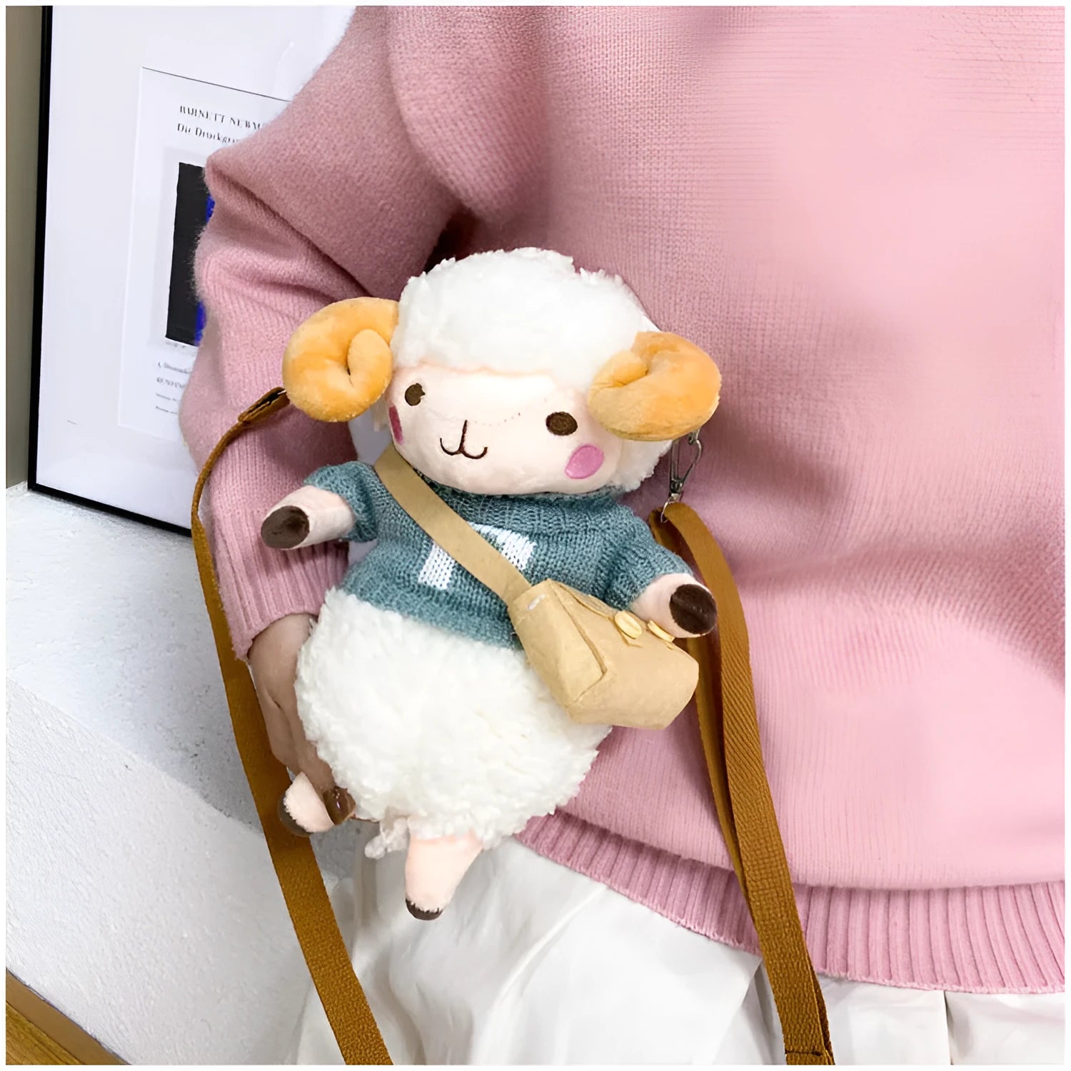 Little Sheep women's plush crossbody bag in small square design with zip closure