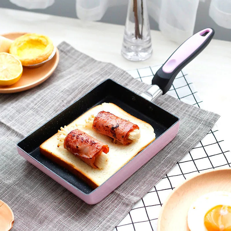 Square non-stick smokeless frying pan 13x18cm with composite multi-layer bottom, available in pink, blue, and yellow
