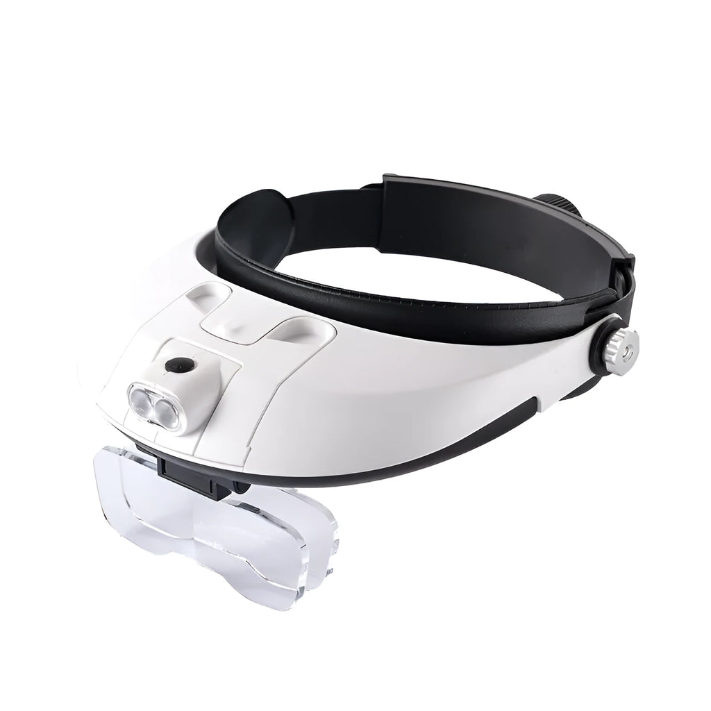Adjustable LED headband magnifier with five interchangeable acrylic lenses on a white background.