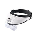 Adjustable LED headband magnifier with five interchangeable acrylic lenses on a white background.