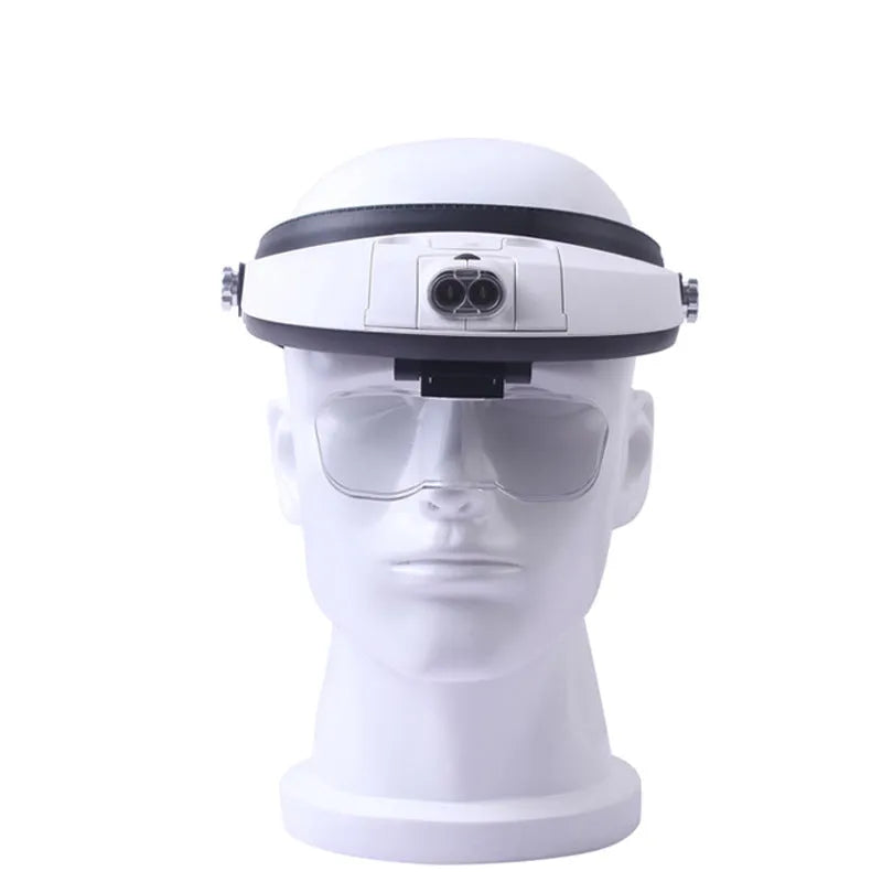 Adjustable LED headband magnifier with five interchangeable acrylic lenses on a white background.