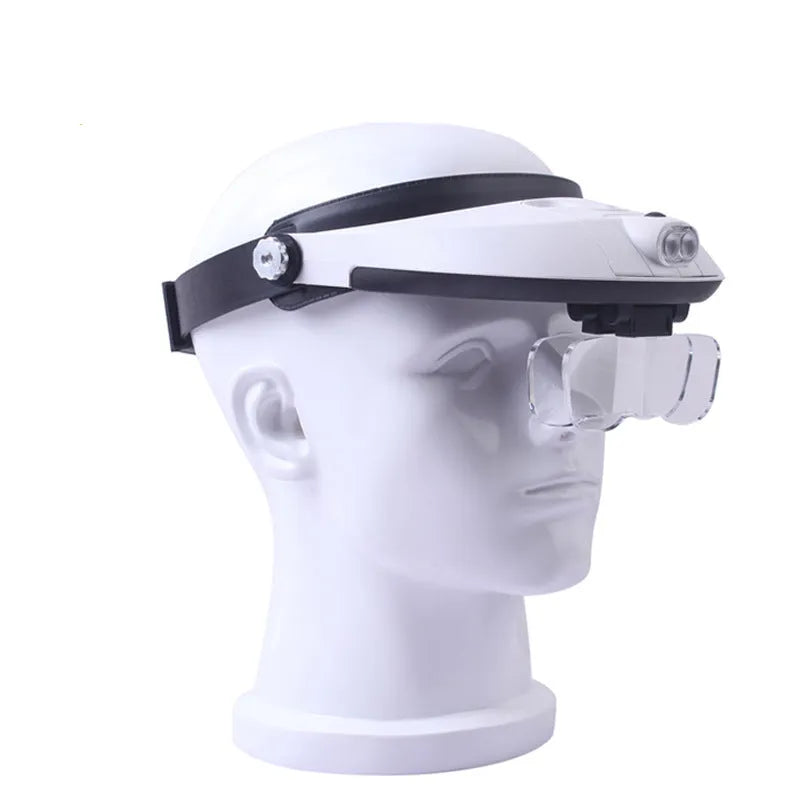 Adjustable LED headband magnifier with five interchangeable acrylic lenses on a white background.