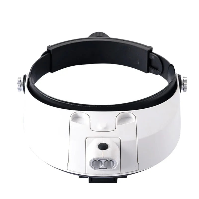 Adjustable LED headband magnifier with five interchangeable acrylic lenses on a white background.