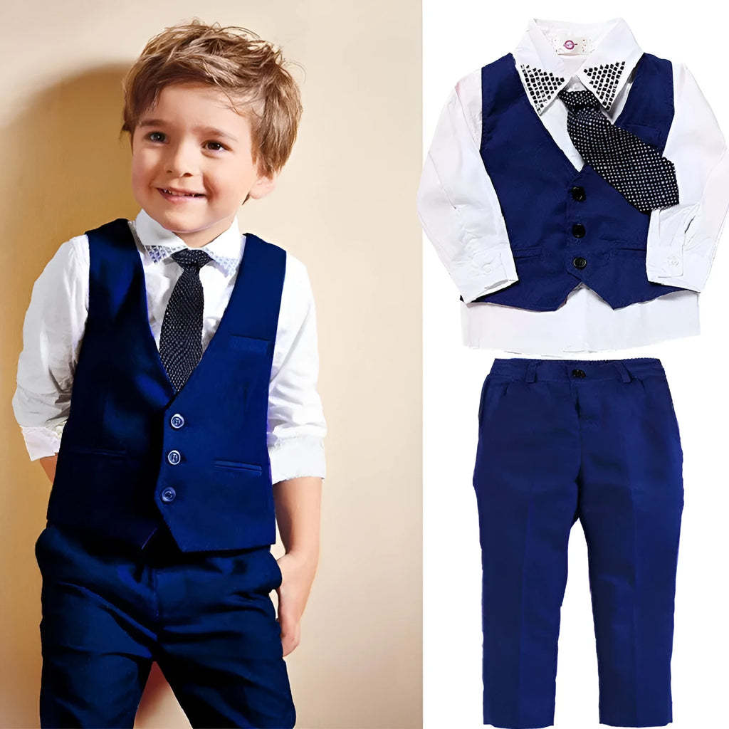 Boys blue casual suit set with vest, turtleneck, trousers, and tie on a hanger