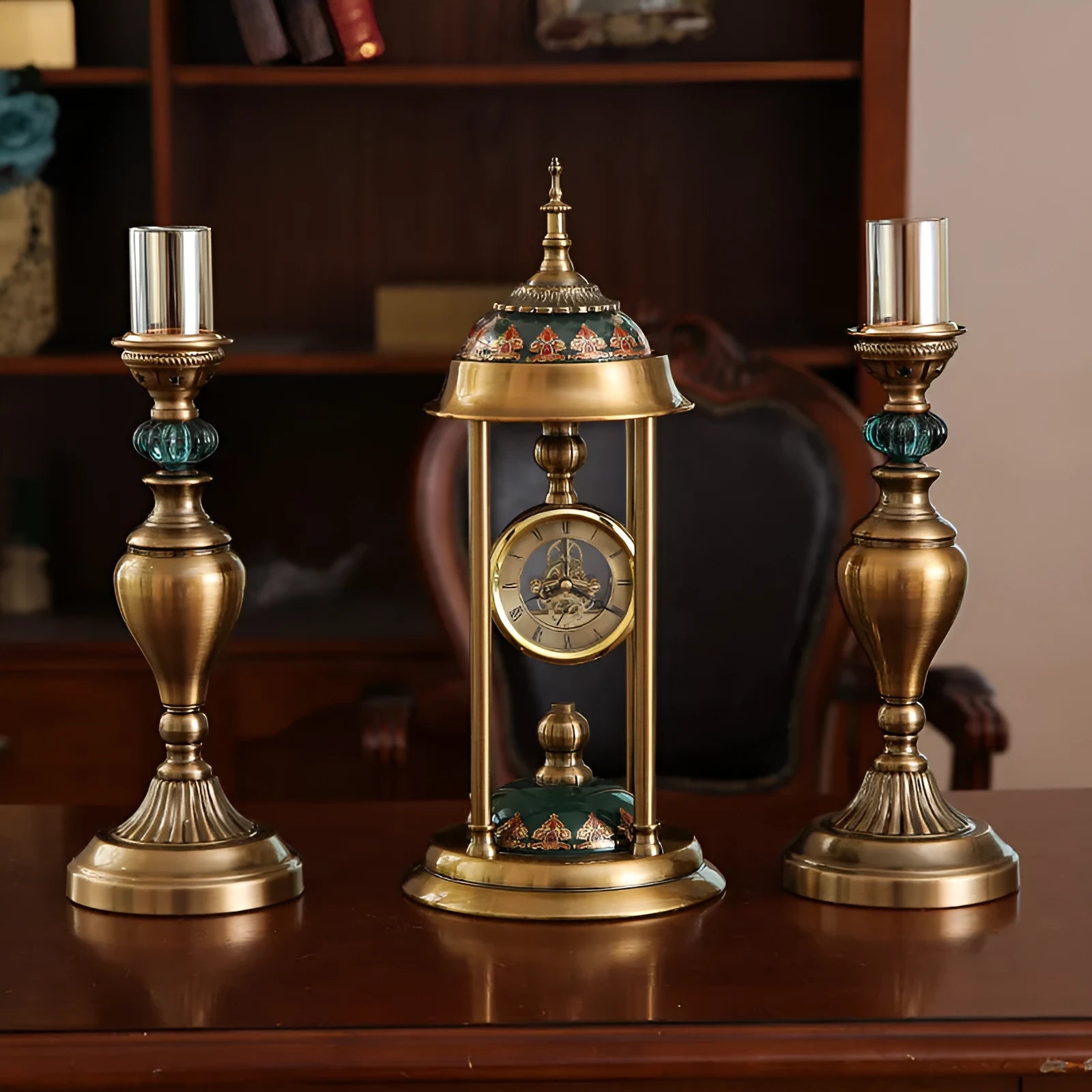 Nordic pendulum clock ornament with metal case and rectangular glass mirror display