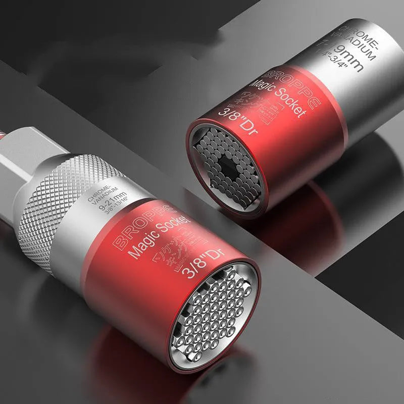 Red metric socket set with ratchet wrench and universal sockets sizes 7mm to 21mm