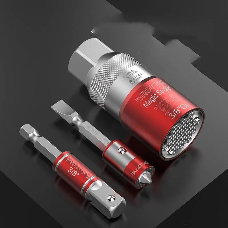 Red metric socket set with ratchet wrench and universal sockets sizes 7mm to 21mm