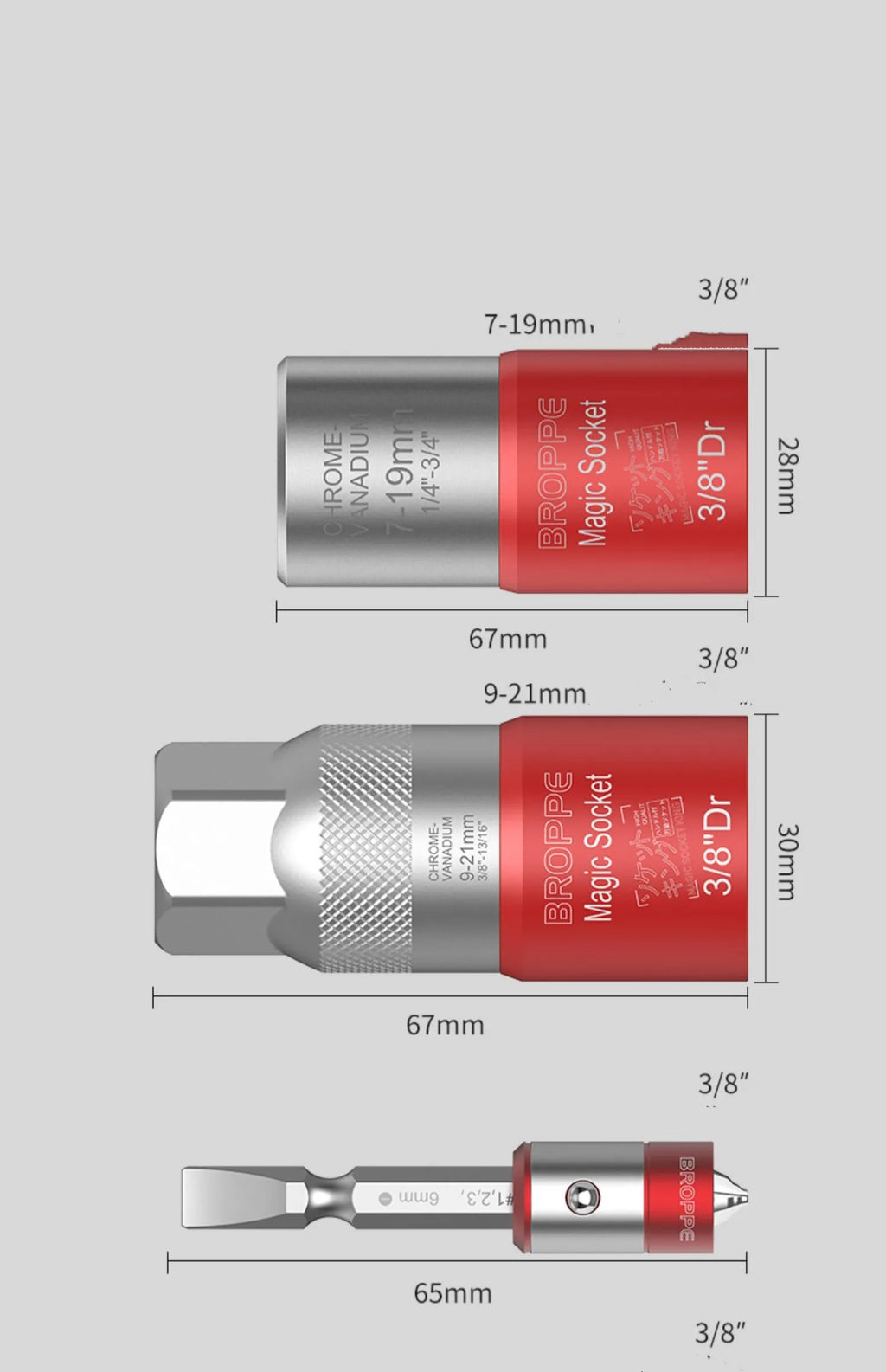 Red metric socket set with ratchet wrench and universal sockets sizes 7mm to 21mm