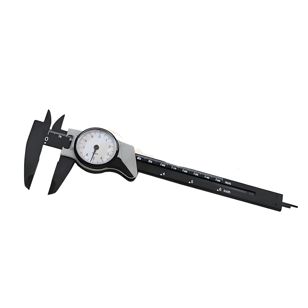 Black plastic vernier caliper showing 0-150mm measurement scale with 0.1mm resolution