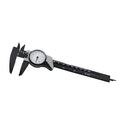 Black plastic vernier caliper showing 0-150mm measurement scale with 0.1mm resolution